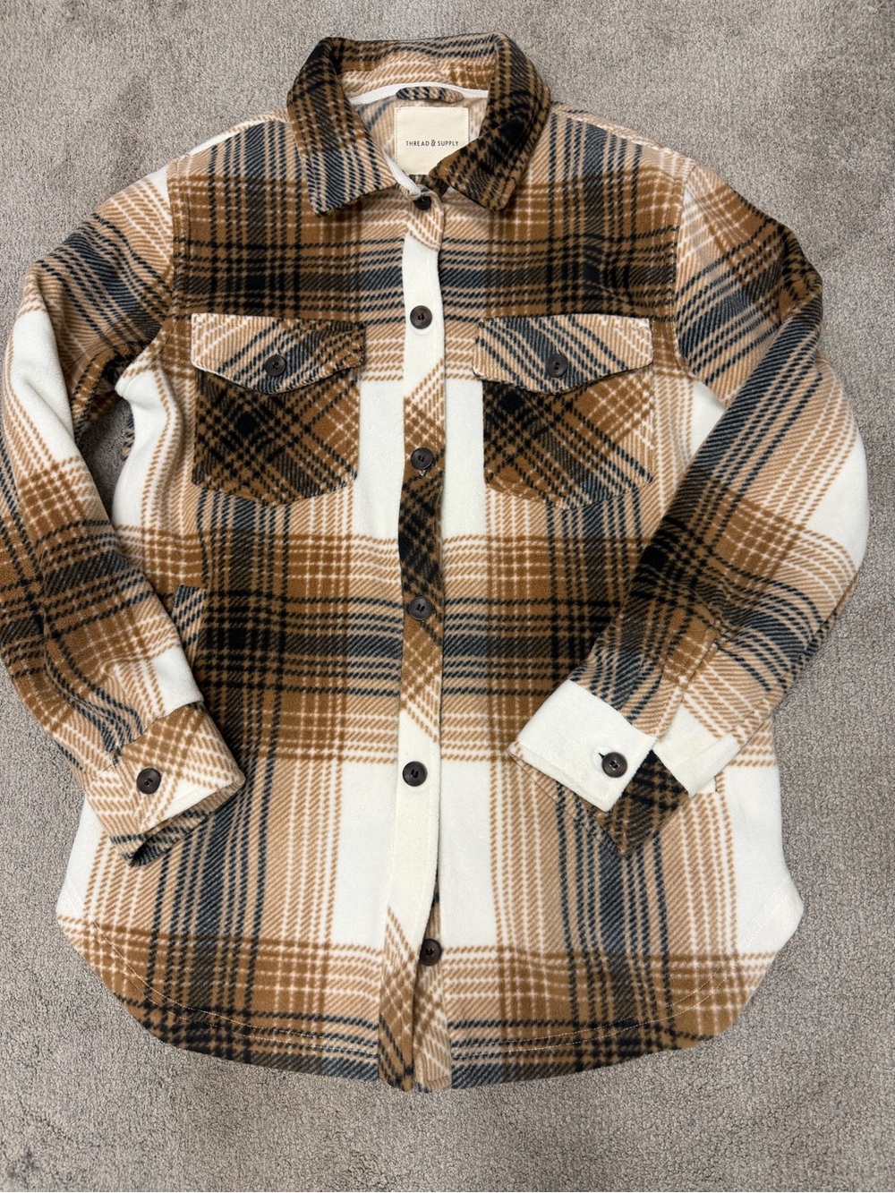 Thread & Supply Women’s Cream and Brown Plaid Button-Up Shirt Jacket